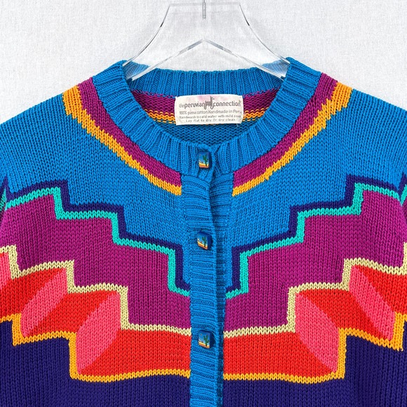 PERUVIAN CONNECTION Vintage Cardigan Sweater Womens Small Multi Cotton Geometric - Picture 3 of 16